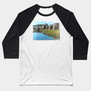 The Ramparts of Caerphilly Castle Digital Sketch Baseball T-Shirt